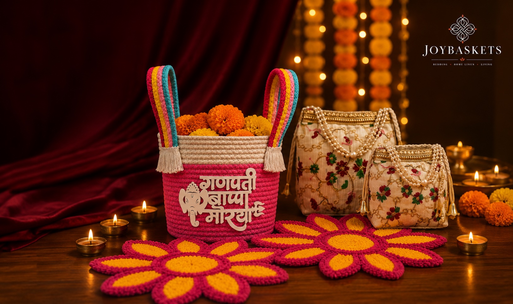 Diwali still life: the pink Ganesha rope basket filled with marigolds, embroidered potli bags with pearl handles and flower-shaped rangoli mats among lit diyas, with the JoyBaskets mark in the corner.