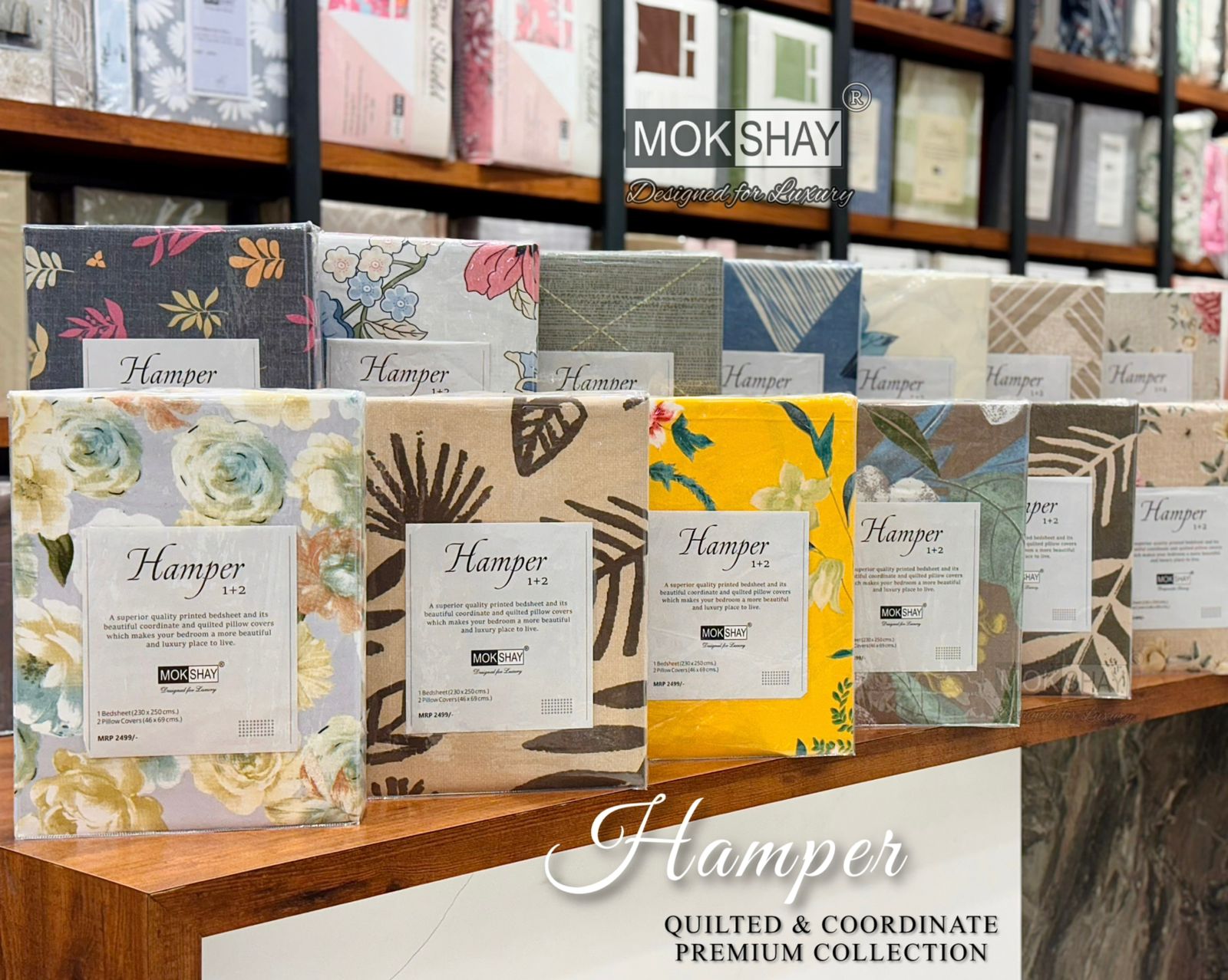 Hamper — the pillow covers, borders and packing shown close up.