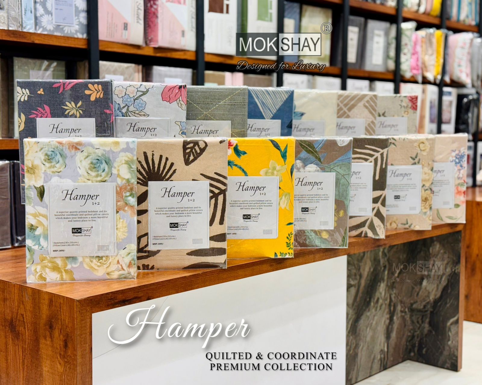 Hamper — the pillow covers, borders and packing shown close up.