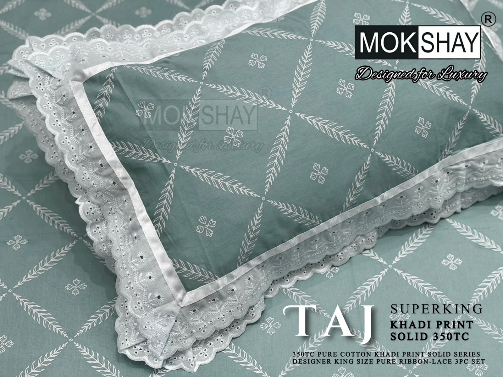 Taj Super King — the pillow covers, borders and packing shown close up.