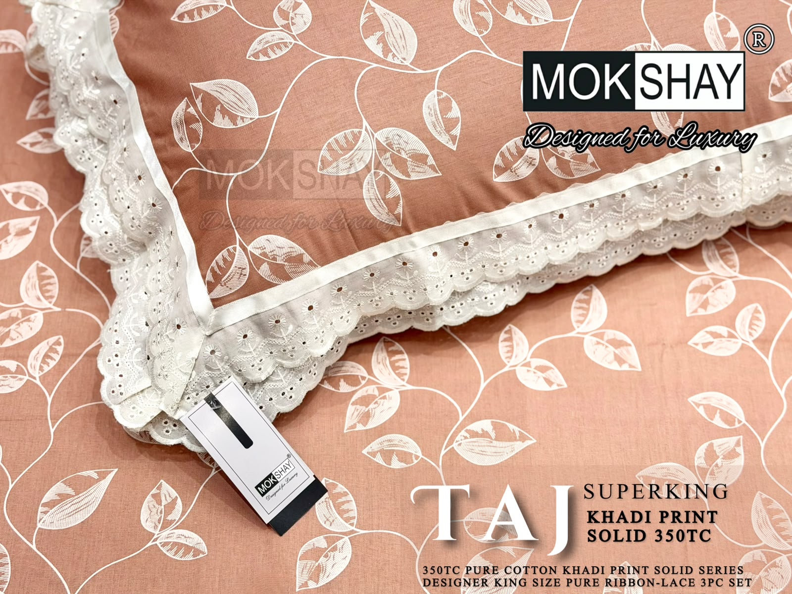 Taj Super King — the pillow covers, borders and packing shown close up.