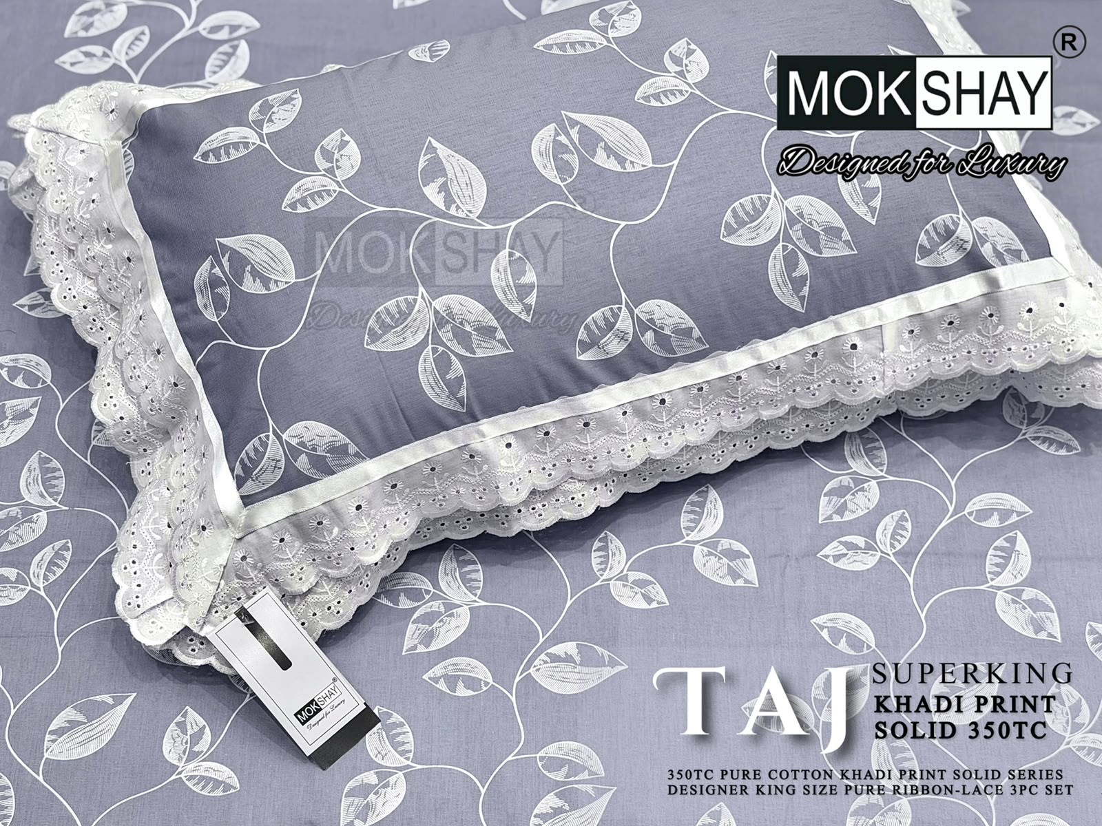 Taj Super King — the pillow covers, borders and packing shown close up.