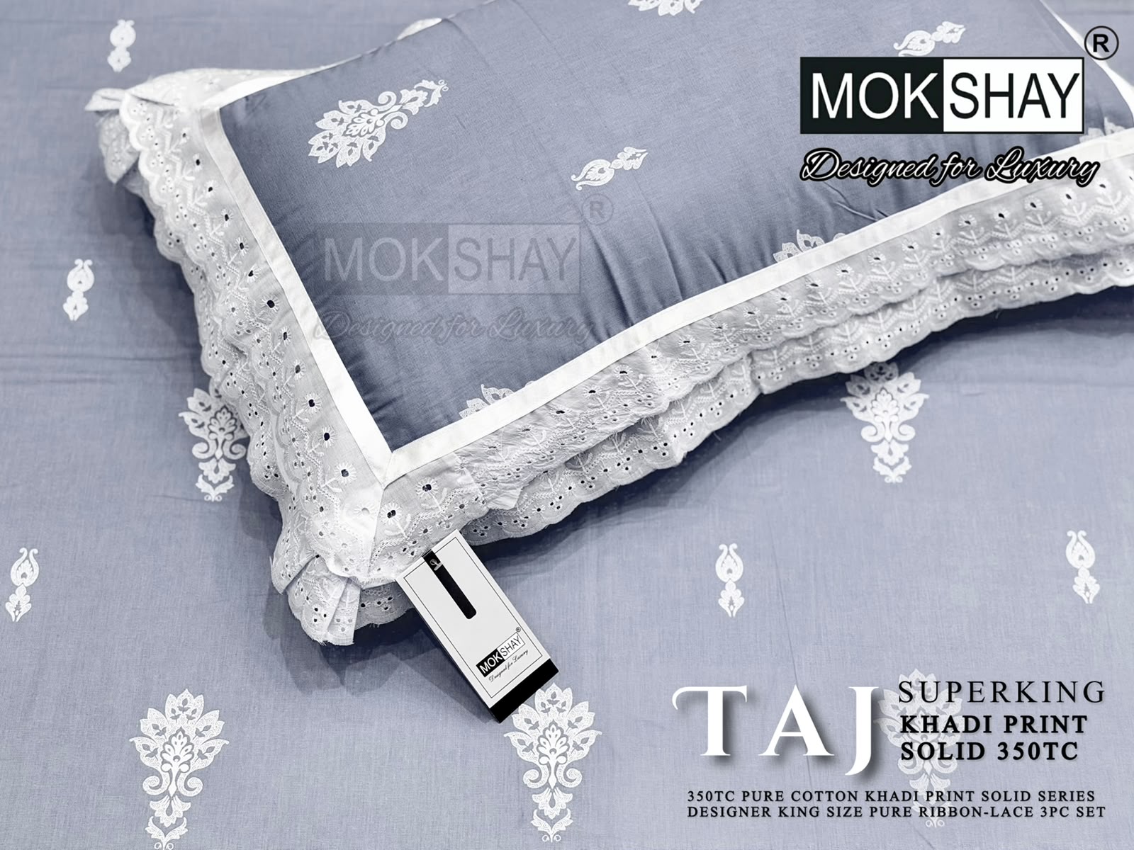 Taj Super King — the pillow covers, borders and packing shown close up.