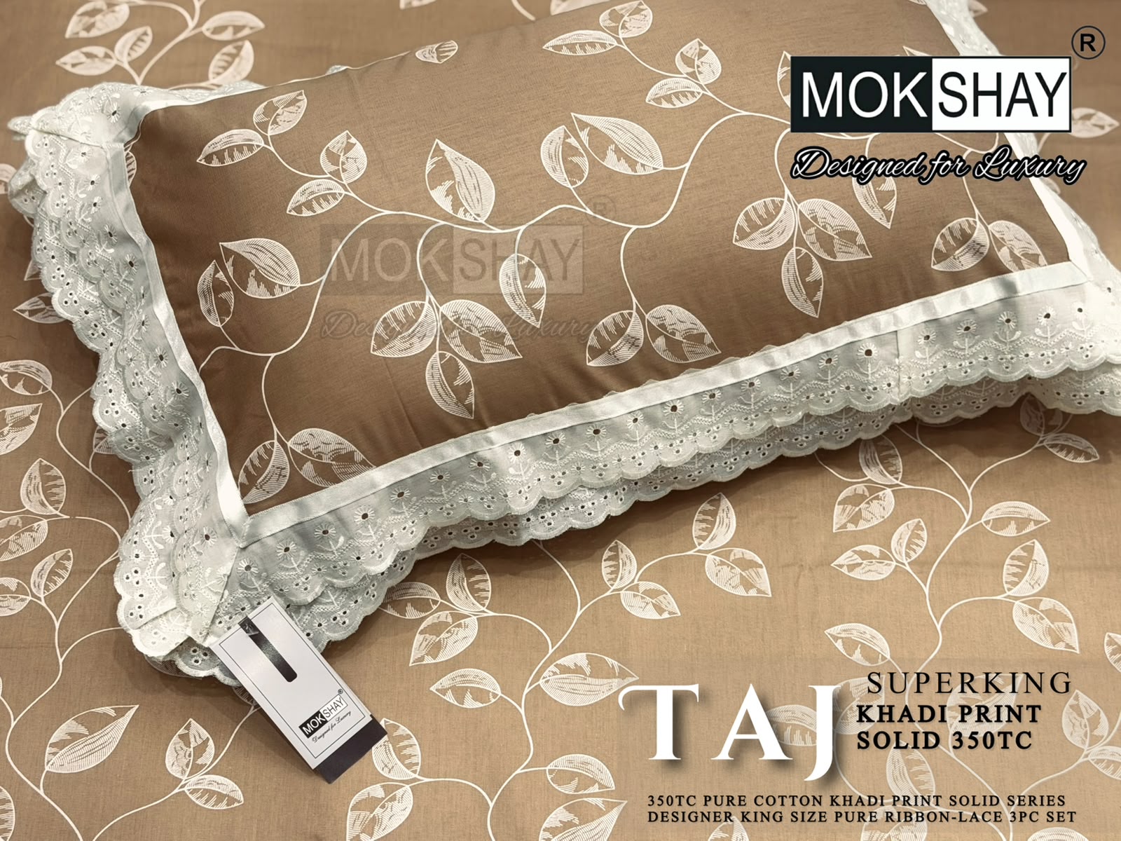 Taj Super King — the pillow covers, borders and packing shown close up.
