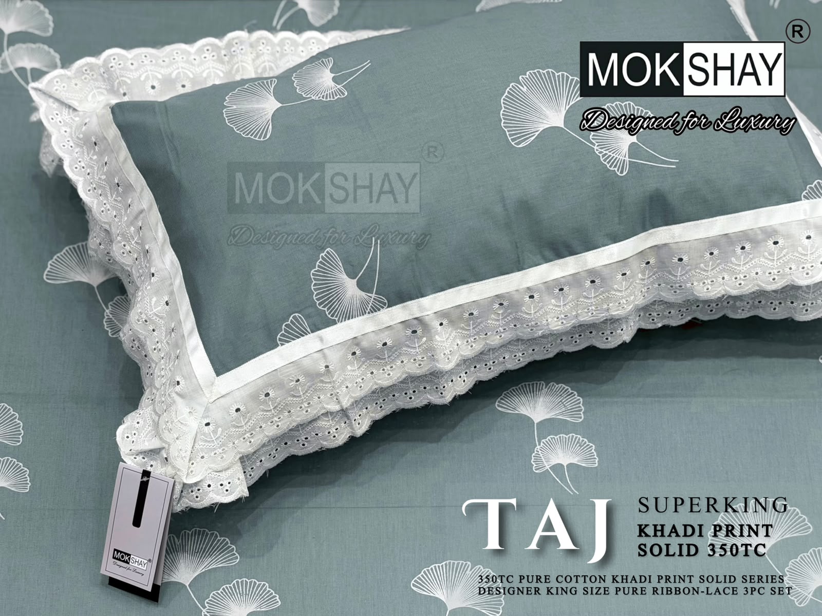 Taj Super King — the pillow covers, borders and packing shown close up.