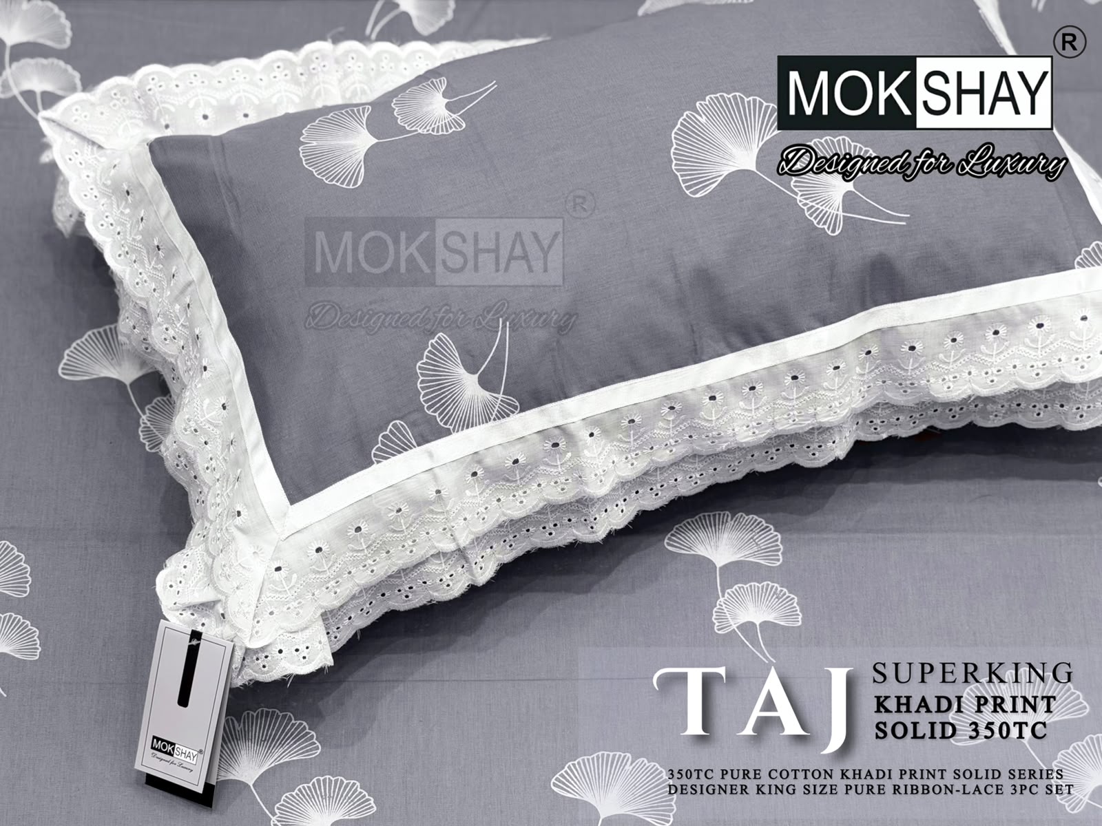 Taj Super King — the pillow covers, borders and packing shown close up.