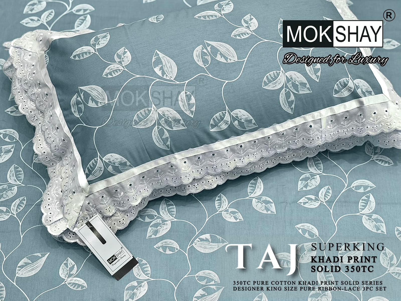 Taj Super King — the pillow covers, borders and packing shown close up.