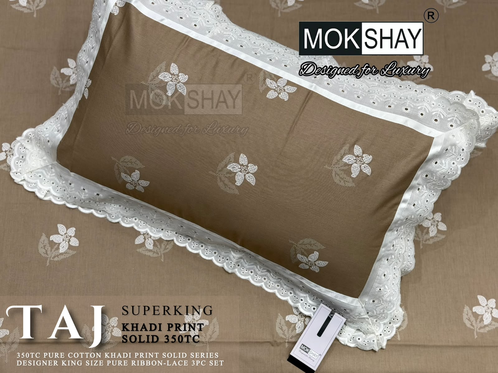 Taj Super King — the pillow covers, borders and packing shown close up.
