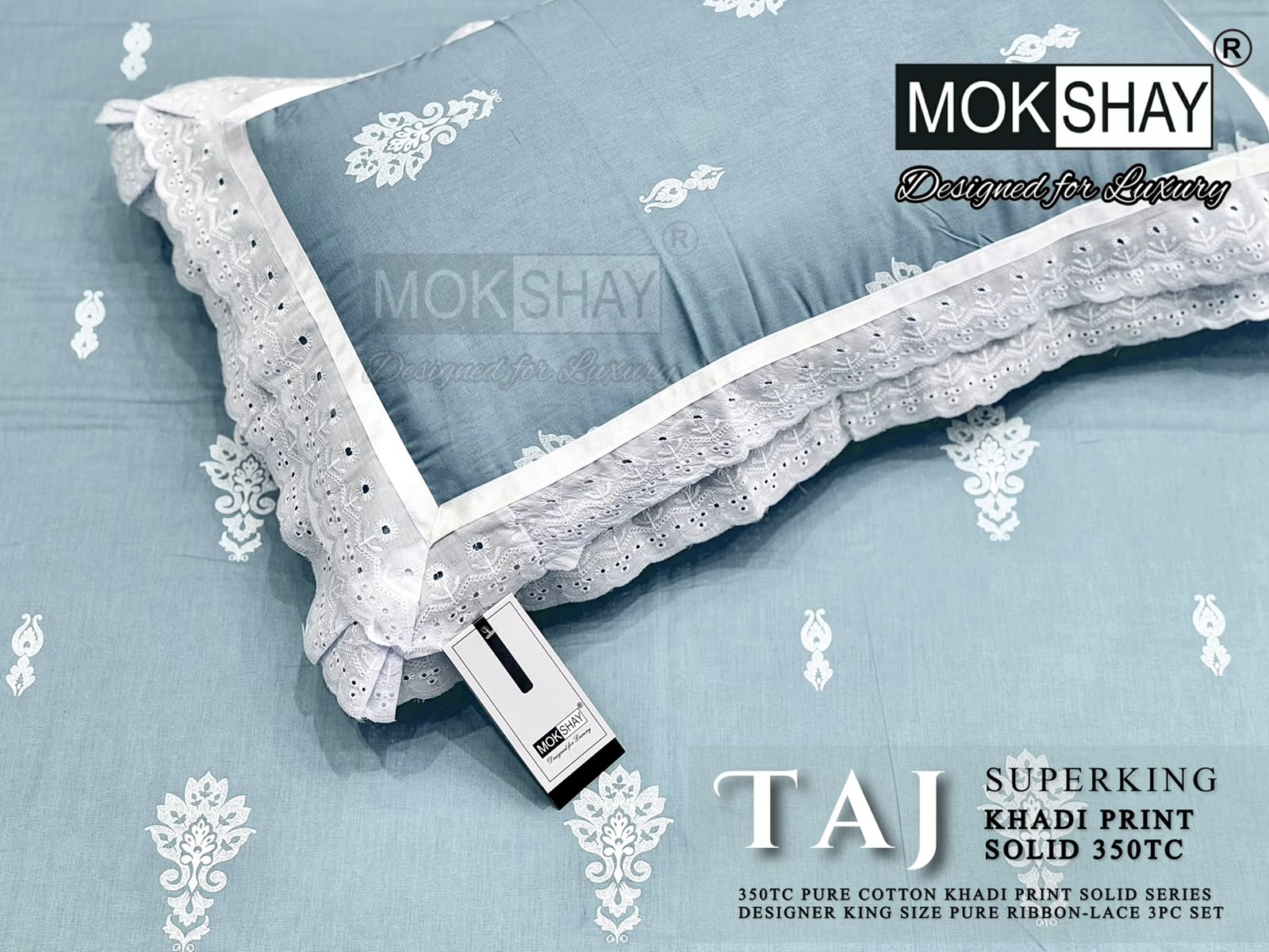 Taj Super King — the pillow covers, borders and packing shown close up.