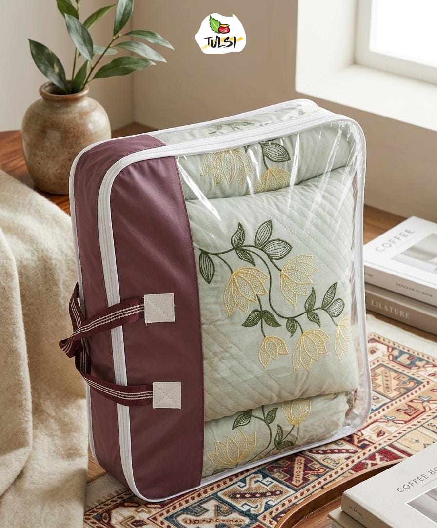 Seven Star 7-Piece Embroidery Set — the pillow covers, borders and packing shown close up.