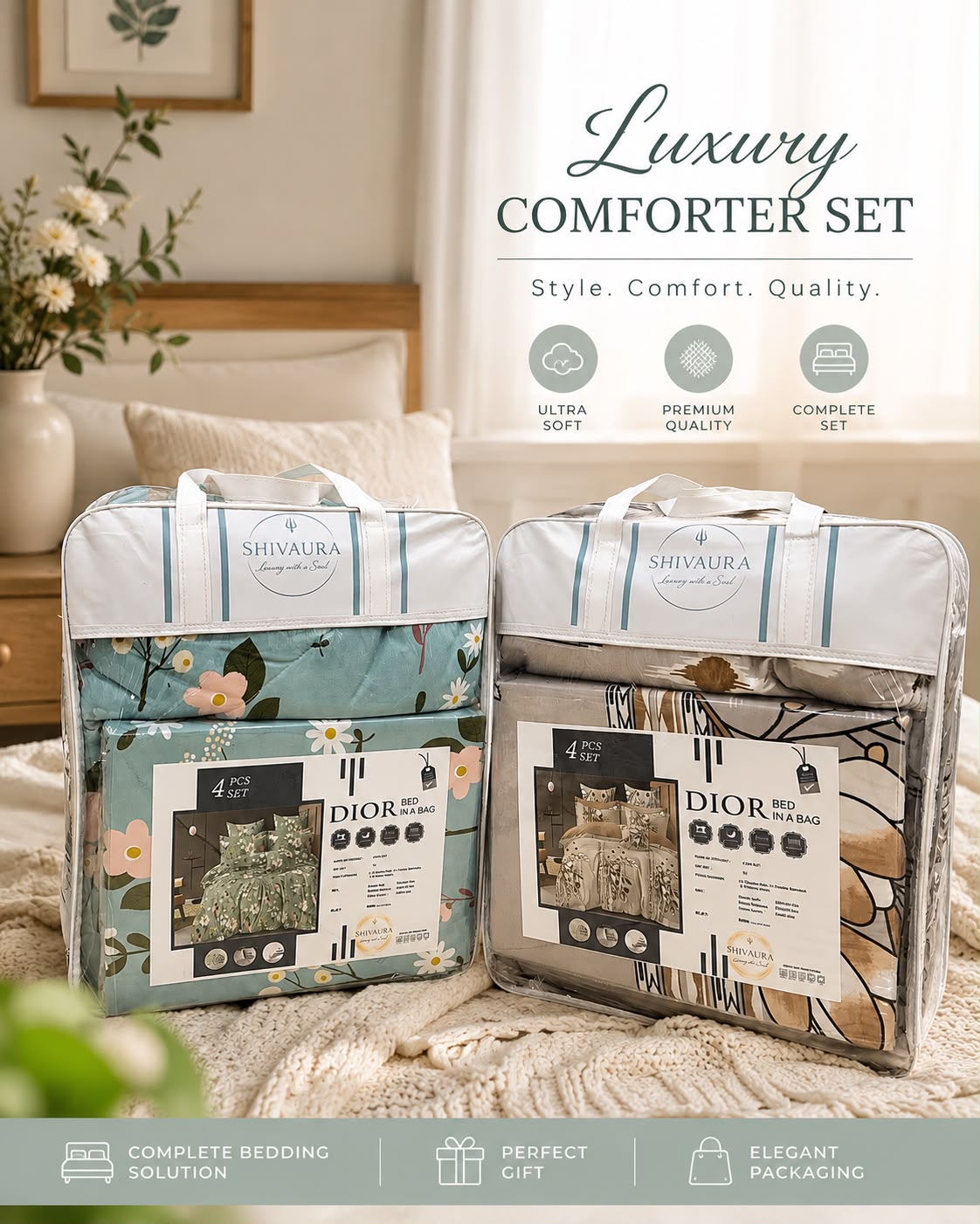 Dior 4-Piece Comforter Set — the pillow covers, borders and packing shown close up.
